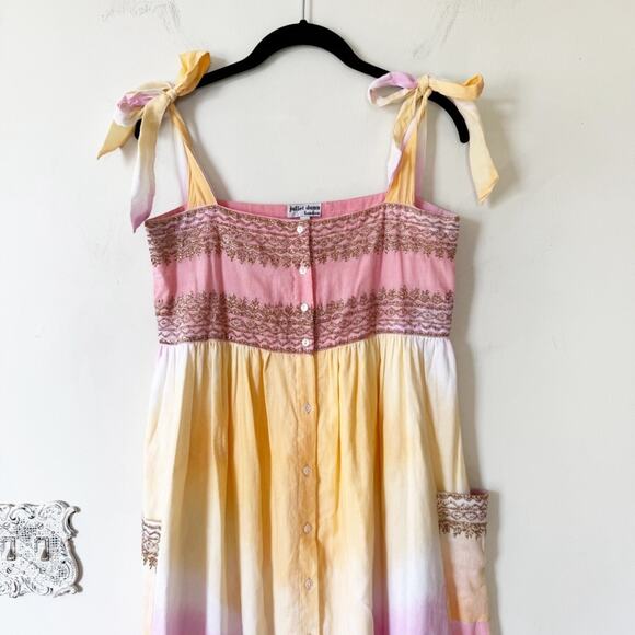 Juliet Dunn Pink Sunset Gold Embroidered Tie Shoulder Cotton Midi Dress 1 / S - Picture 5 of 12